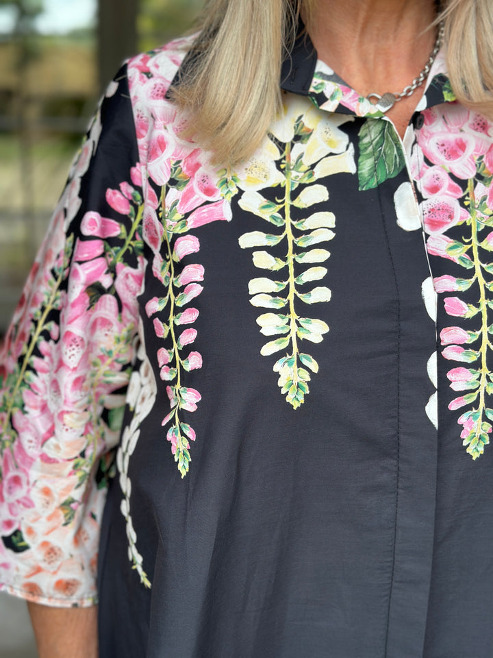 Foxglove Blossom Long Shirt Dress | Black