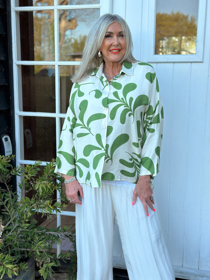Abstract Leaf Motif Shirt | Khaki