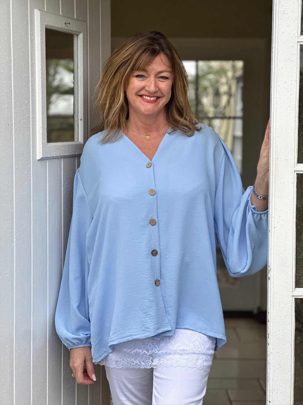 Button Detail Blouse | Powder Blue - Mandy's Heaven 