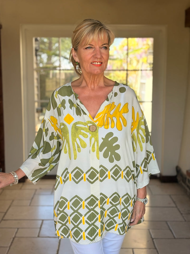 One Button Tunic Top Abstract Print | Khaki
