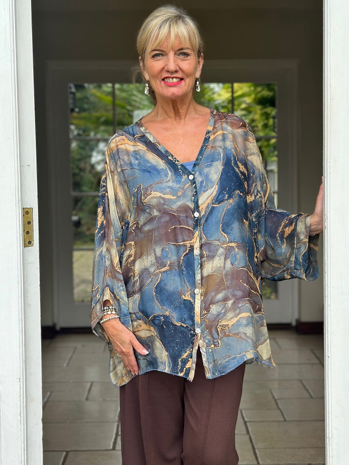 Naomi Marble Silk Blouse | Navy
