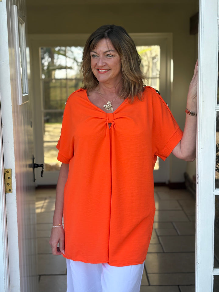 Textured Gold Button Bow Top | Orange