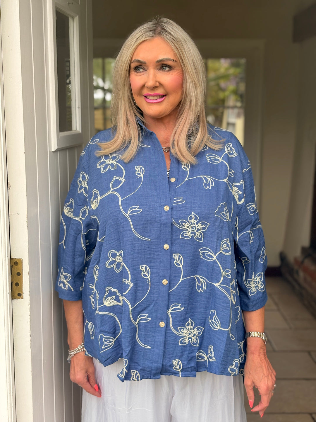 Delicate Flower Embroidery Shirt | Denim Blue
