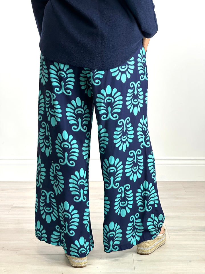 Wide Leg Printed Trousers | Turquoise Leaf