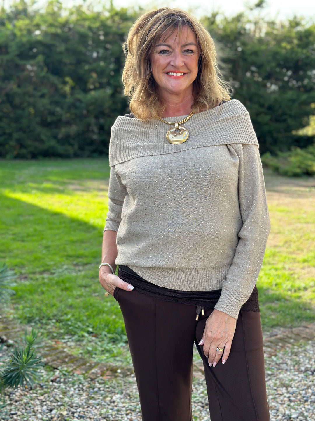 Sparkle Bardot Jumper - Malissa J | Oatmeal