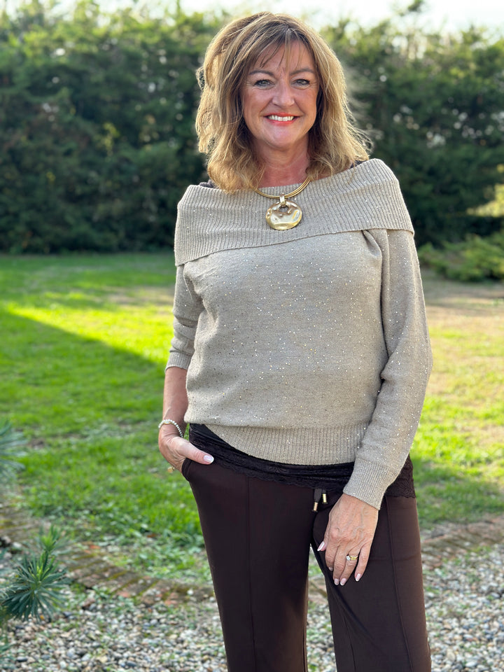 Sparkle Bardot Jumper - Malissa J | Oatmeal