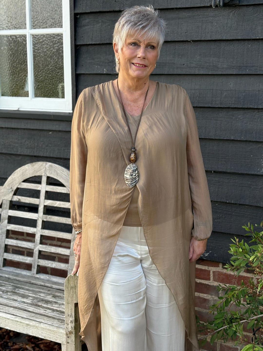 Silk Longline Cross Over Top | Caramel