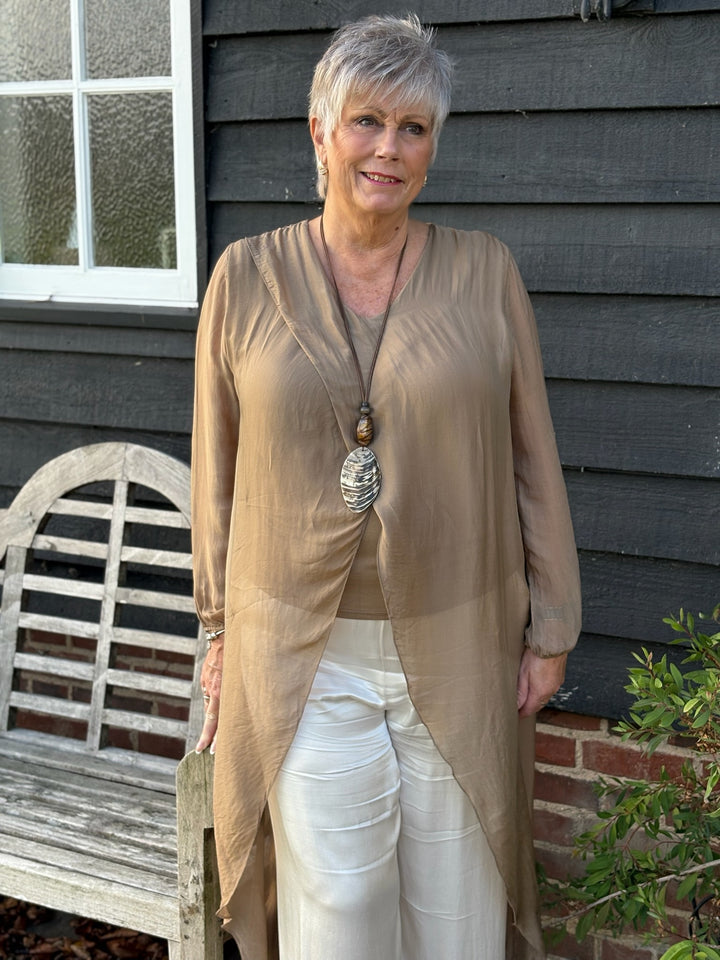 Silk Longline Cross Over Top | Caramel