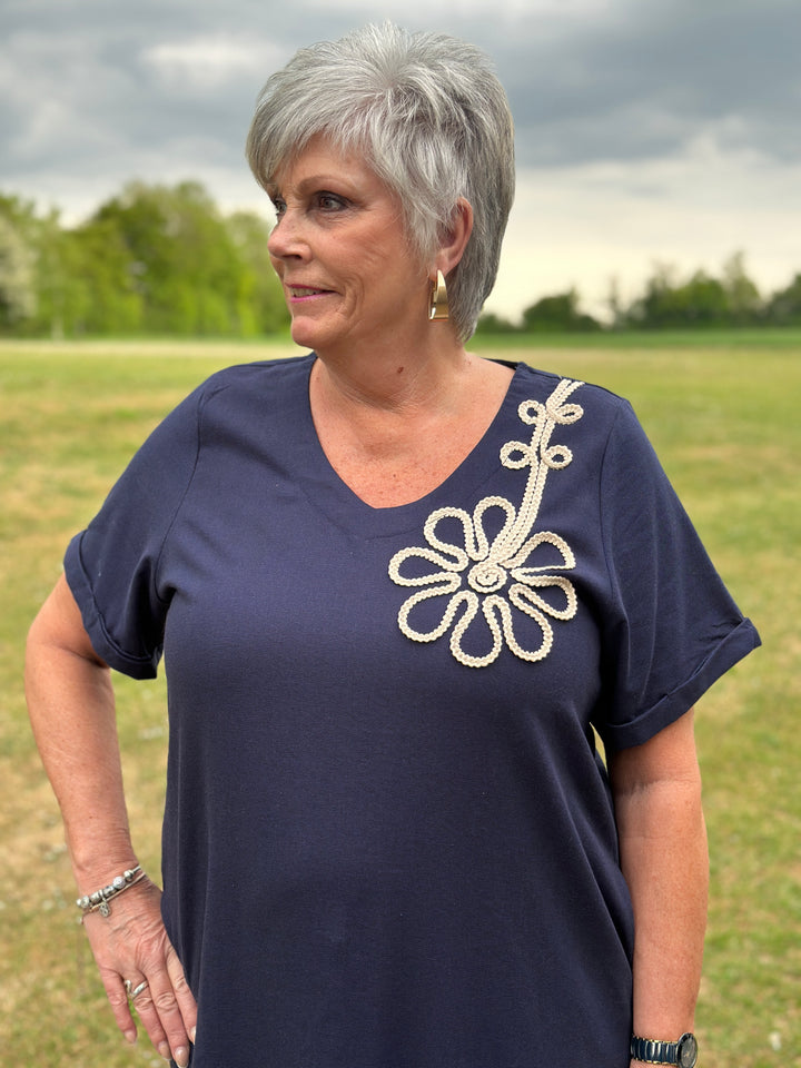 Embroidered Flower Print Tunic Dress | Navy