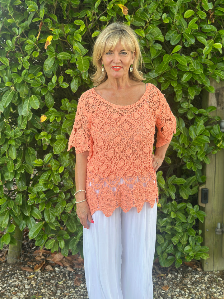 Two Piece Cotton Crochet Top | Coral