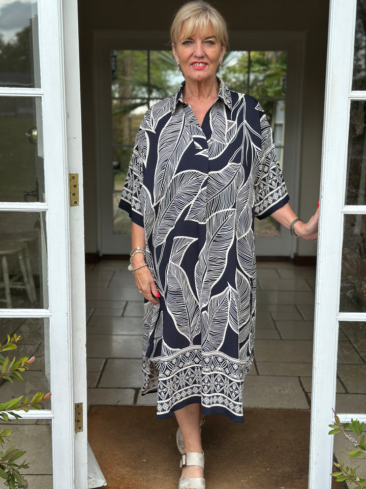 Palm Print Shirt Dress | Navy