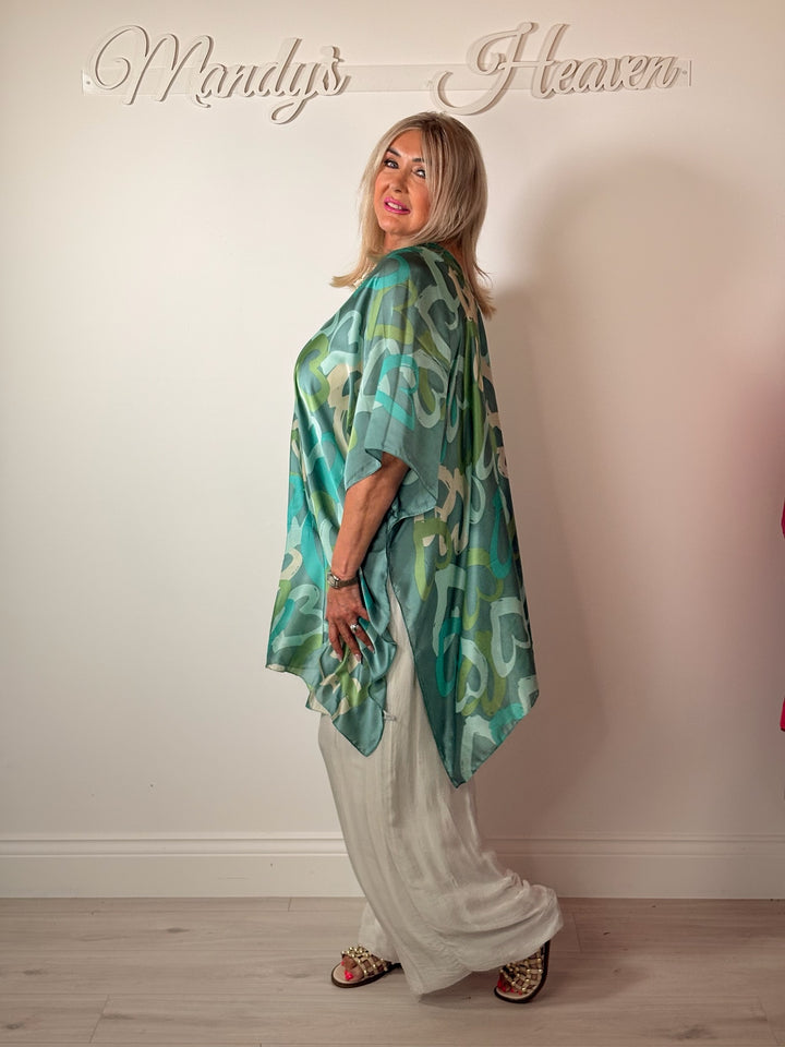 Silk-Blend Love Heart Print Kaftan | Green Multi
