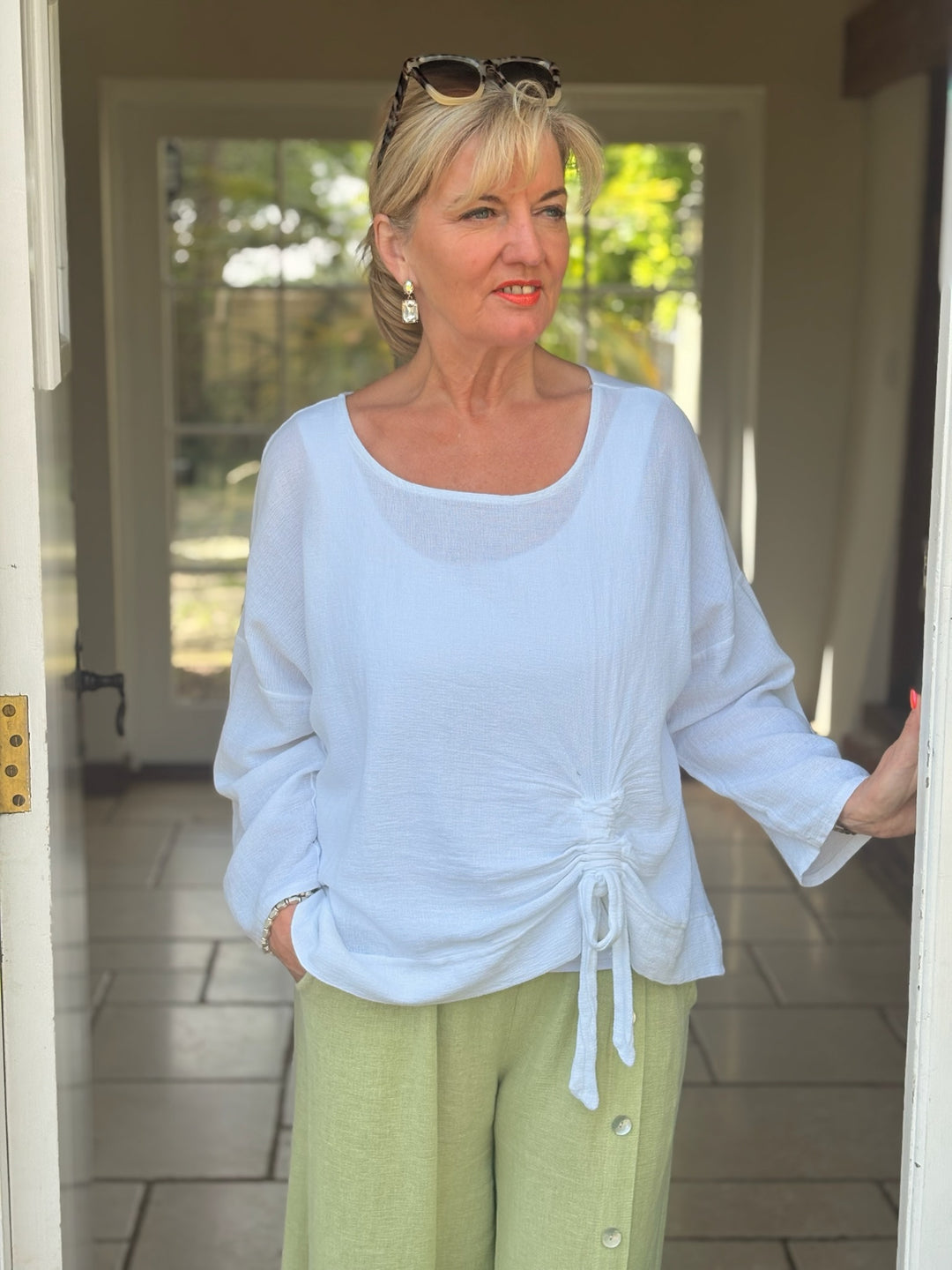Cotton & Linen Tie Detail Top | White