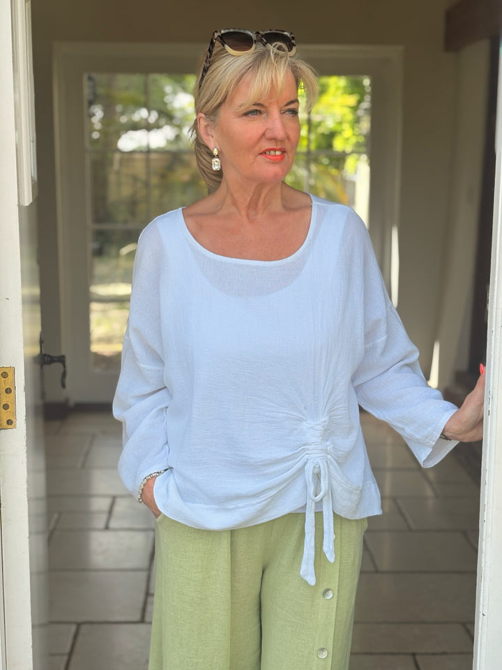 Cotton & Linen Tie Detail Top | White