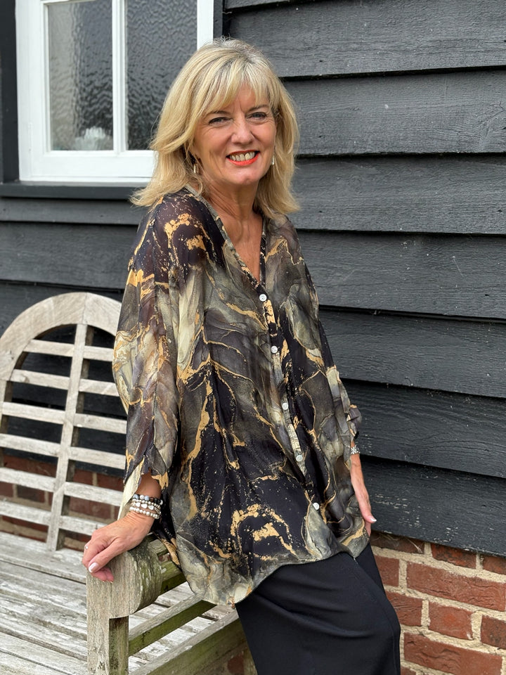 Naomi Marble Silk Blouse | Black