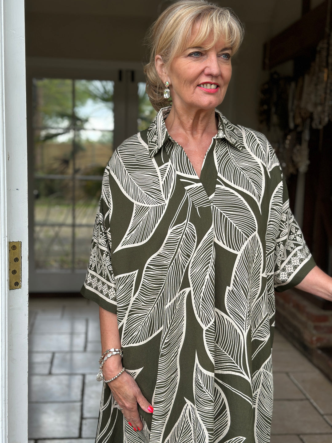 Palm Print Shirt Dress | Khaki