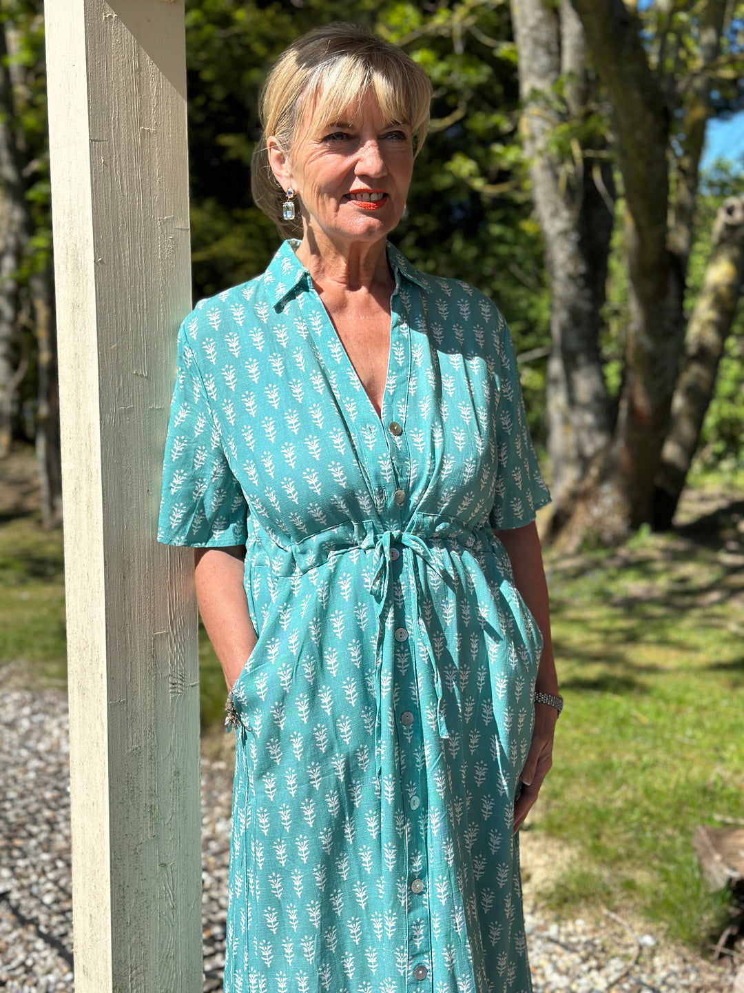 Drawstring Button Down Linen Dress DREAMS | Sea Foam
