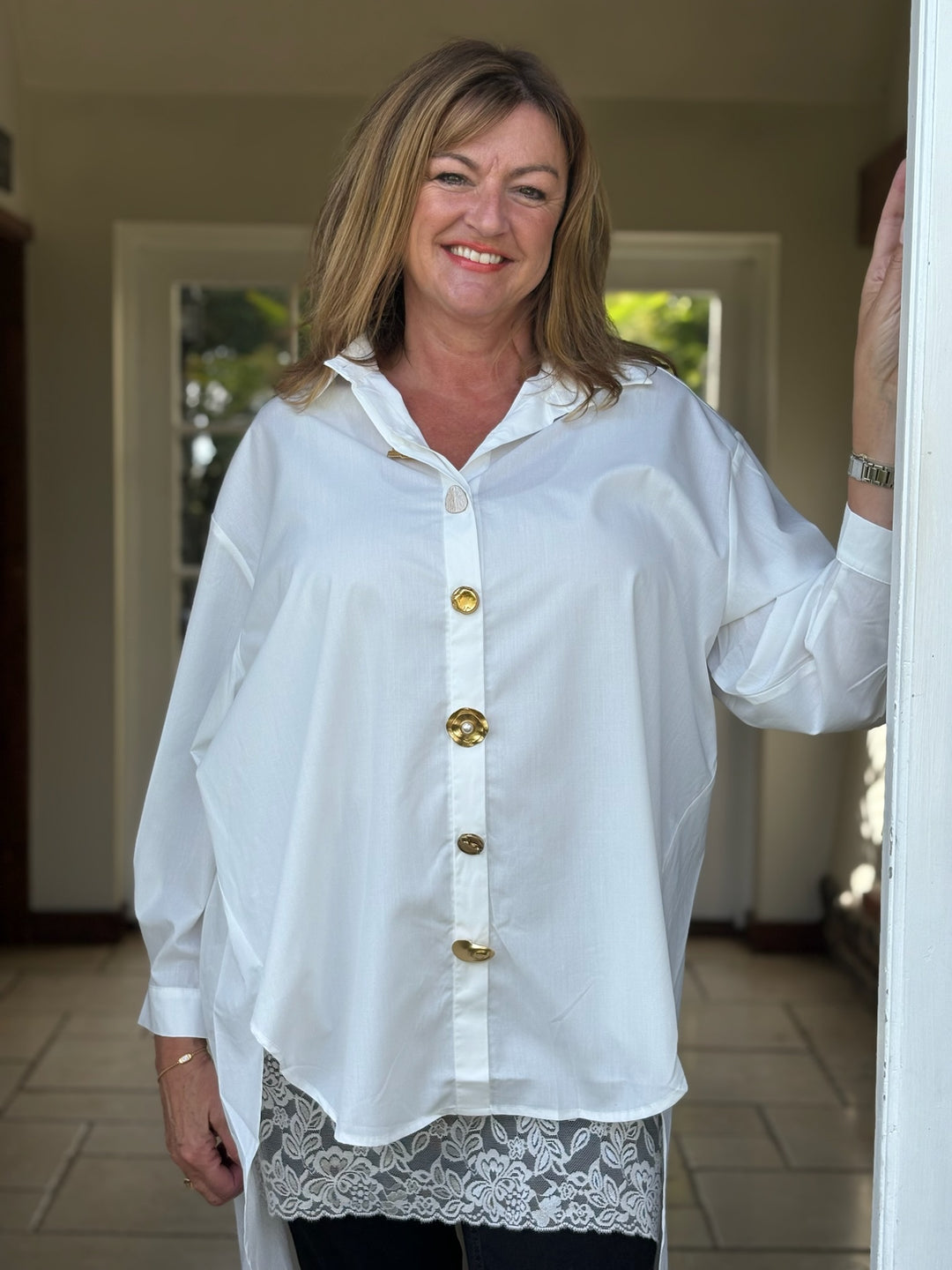 Gold Button Oversized Shirt - Malissa J | White