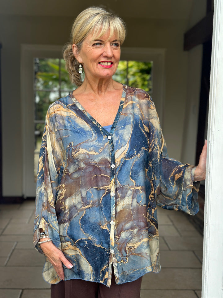 Naomi Marble Silk Blouse | Navy