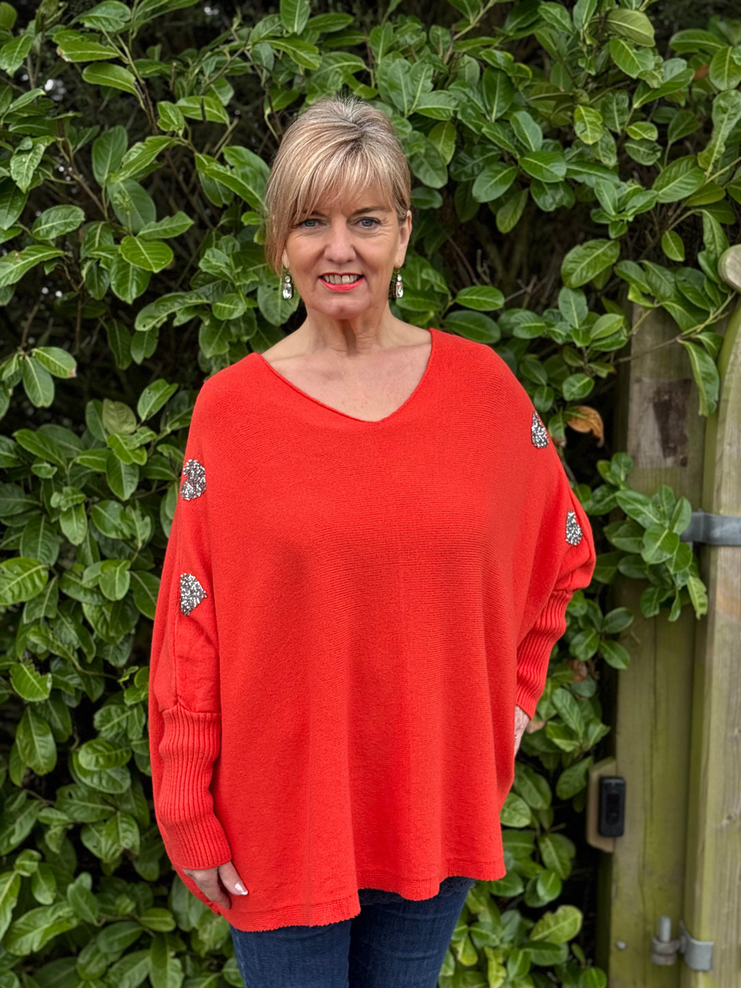 Embellished Heart Sleeve Soft Knit Top | Coral