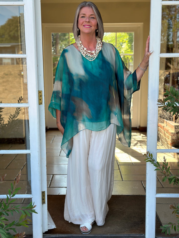 Mia Watercolour Silk Blouse | Aqua