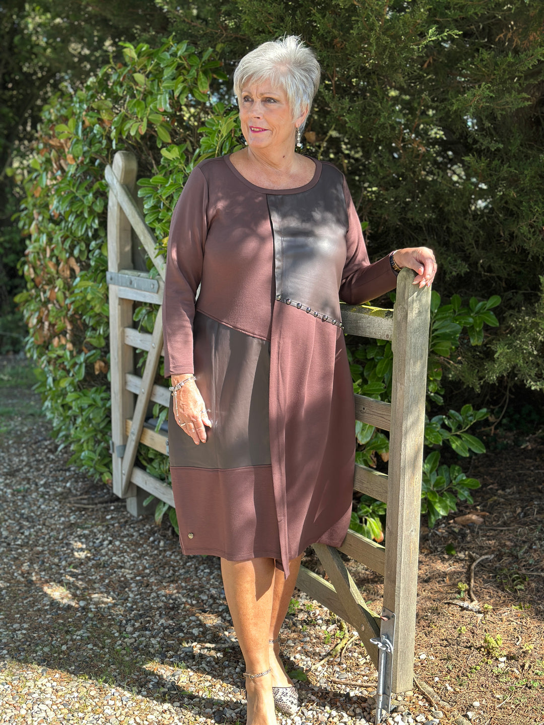Studded Faux Leather Panel Dress - Malissa J | Chocolate Brown