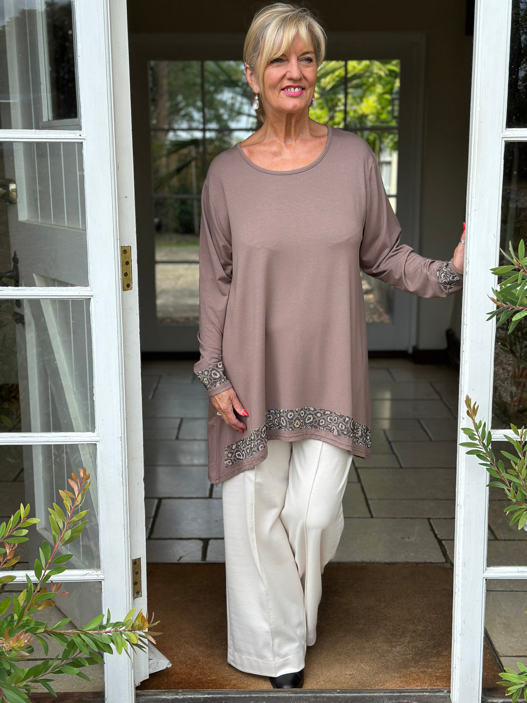 Sparkle Trim Long Sleeve Top - Malissa J | Mushroom