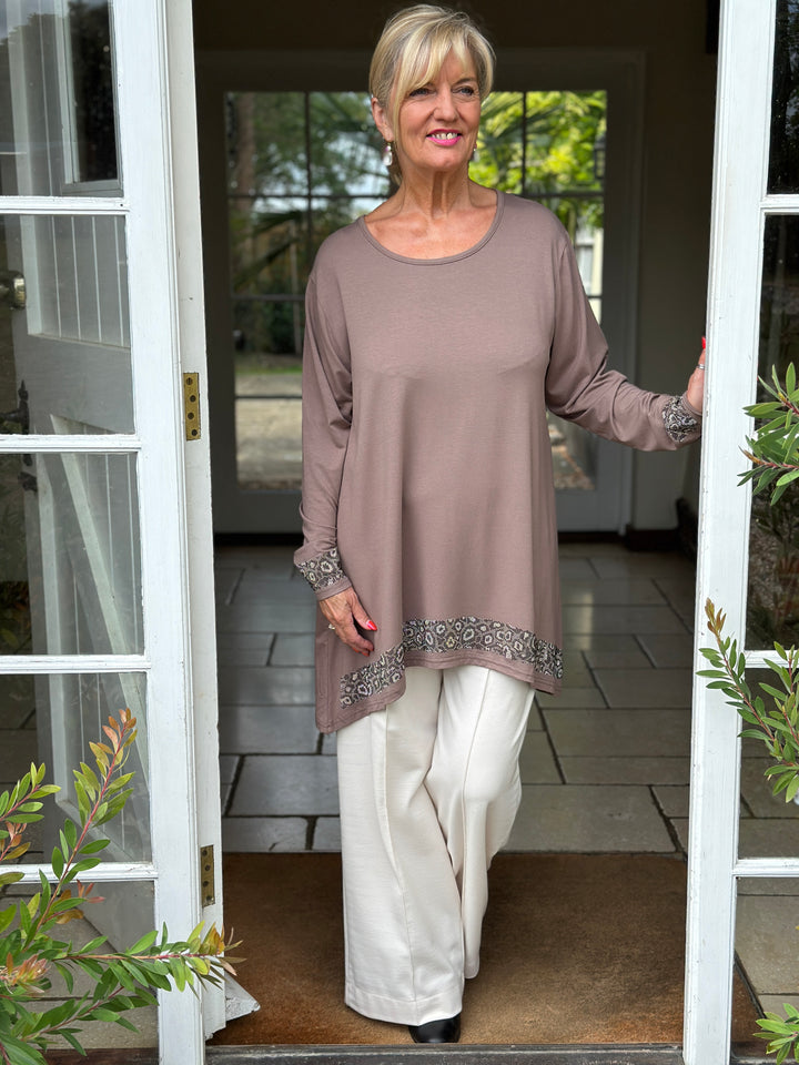 Sparkle Trim Long Sleeve Top - Malissa J | Mushroom