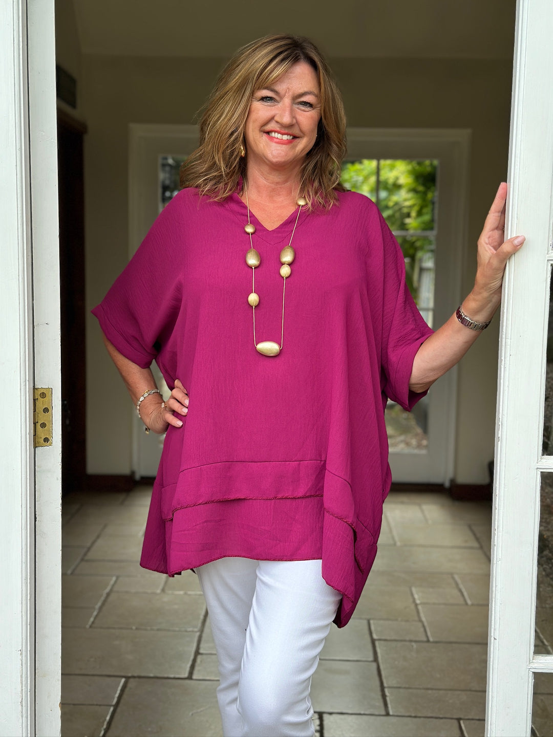 Double Hem V-Neck Batwing Blouse | Magenta