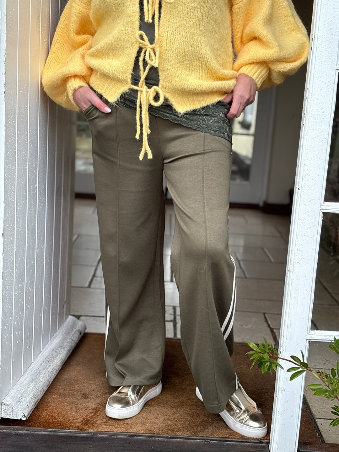 Side Stripe Wide Leg Trousers | Khaki - Mandy's Heaven 
