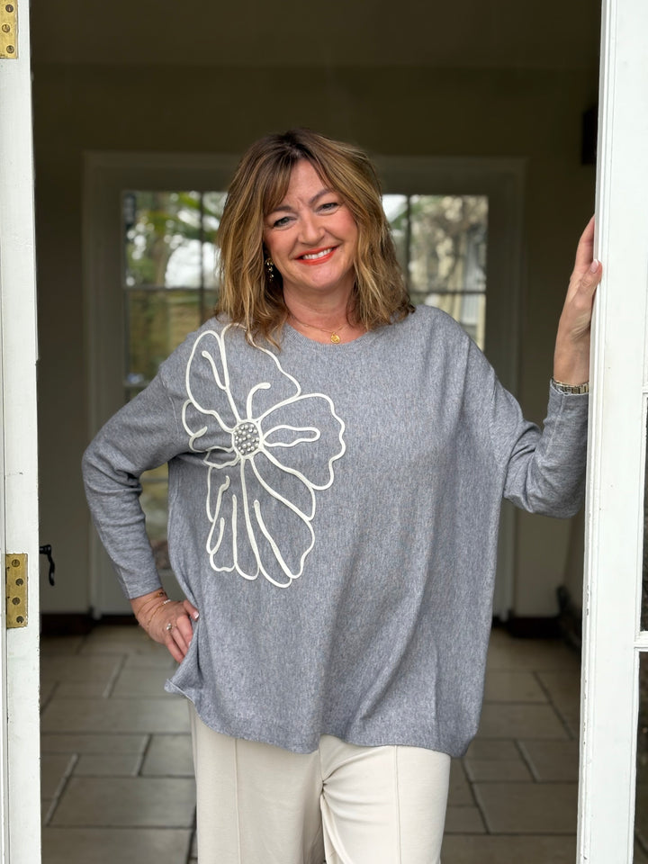 Large Flower Knit Top With Beads | Grey