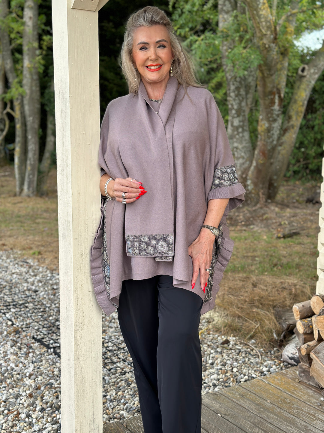 Sparkle Trim Poncho with Scarf - Malissa J | Taupe