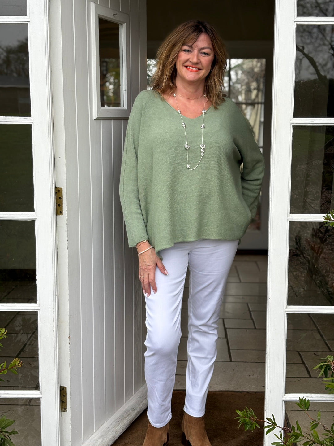 V-Neck Knitted Jumper | Sage