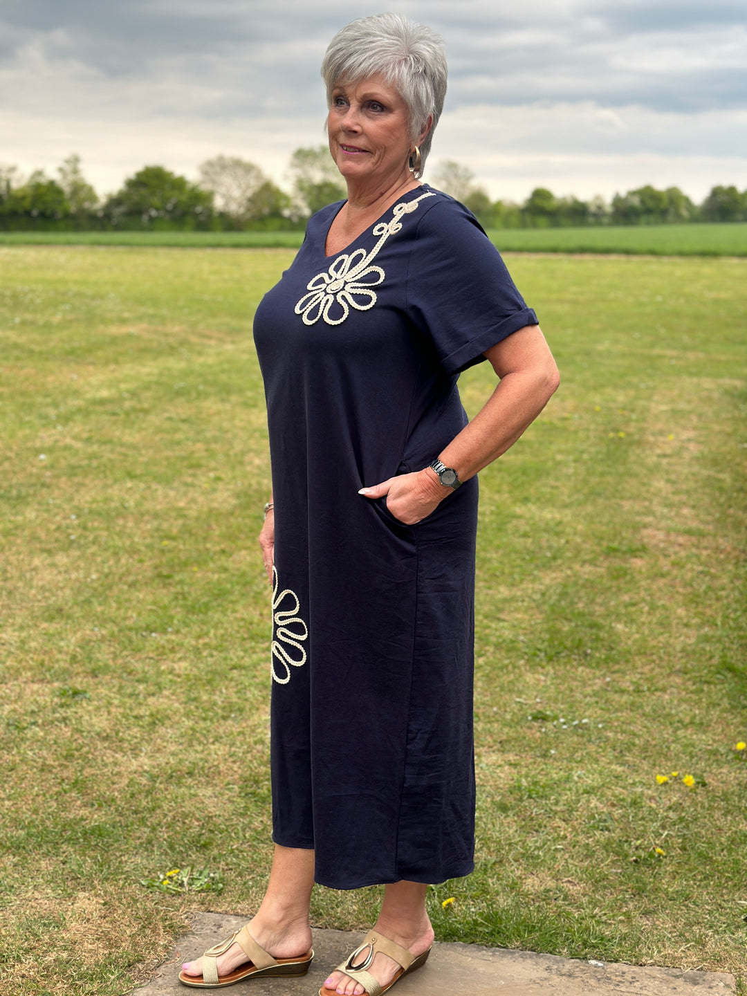 Embroidered Flower Print Tunic Dress | Navy