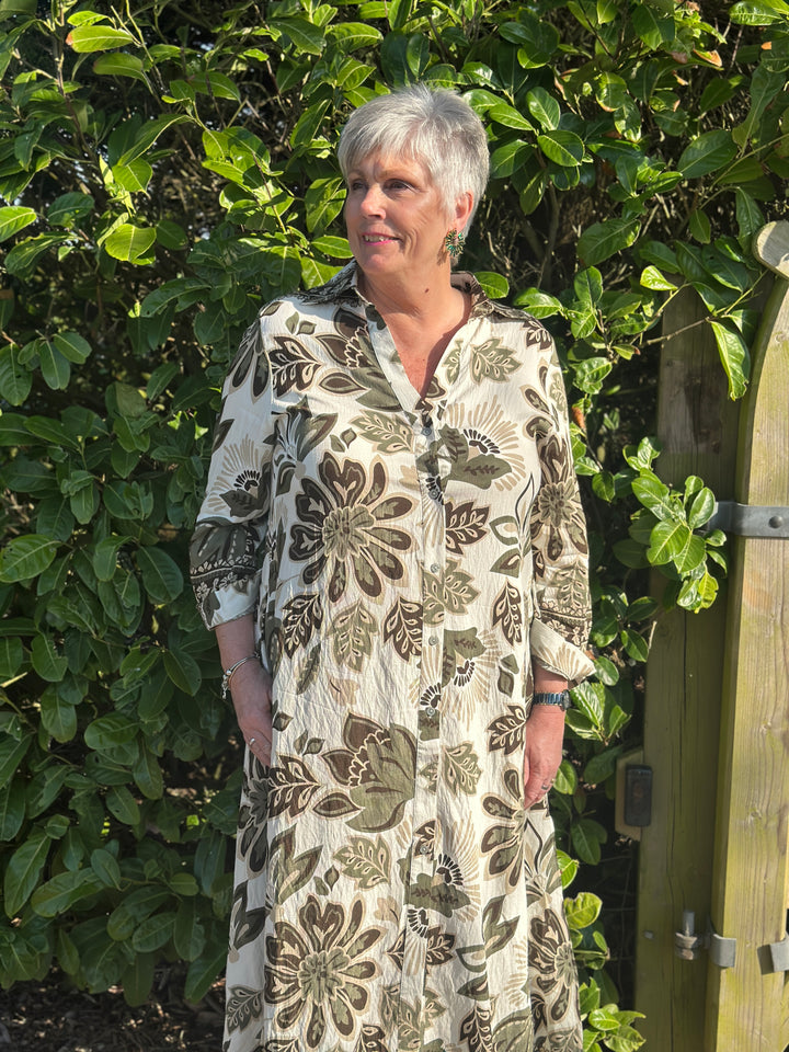Botanical Print Longline Shirt Dress - Malissa J | Khaki