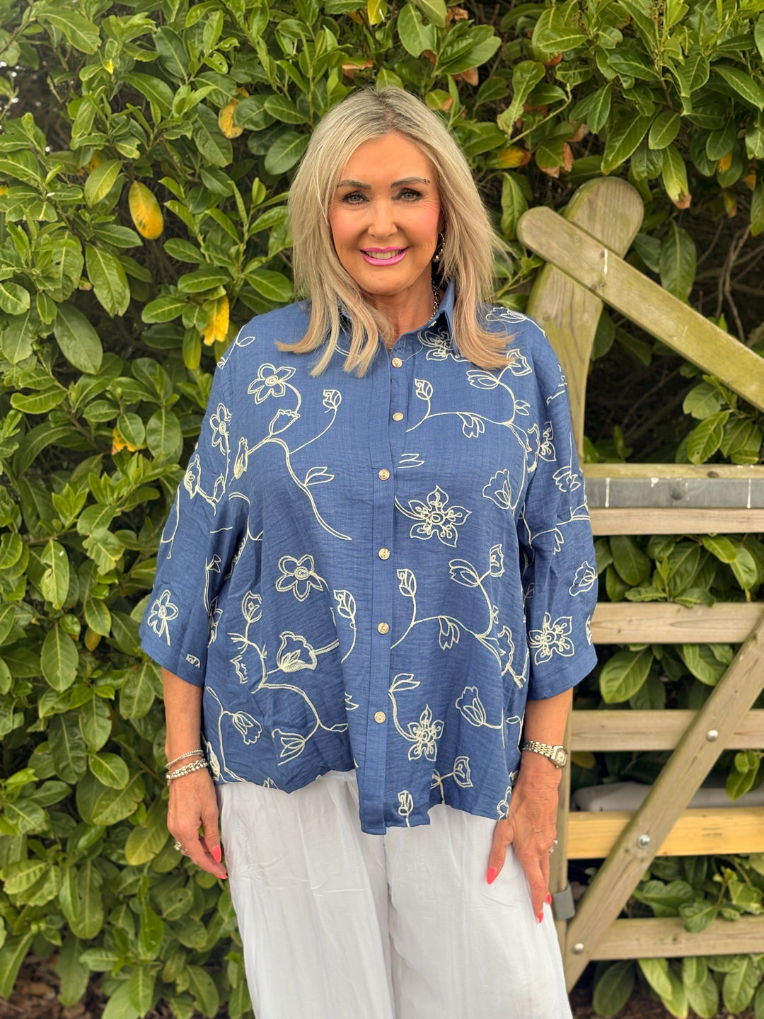 Delicate Flower Embroidery Shirt | Denim Blue
