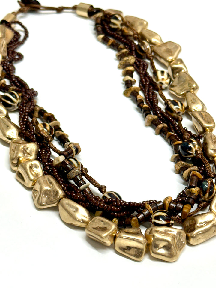 Boho Multi Strand Beaded Necklace | Brown & Gold