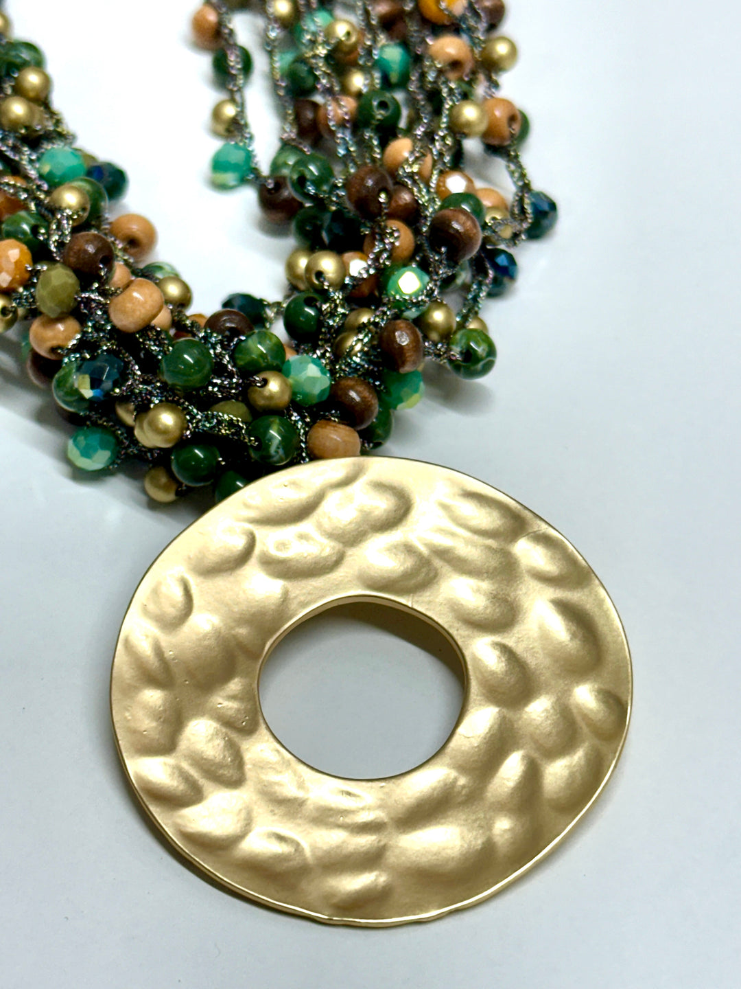 Gold Ring Feature Multi Bead Necklace | Forest Green & Gold