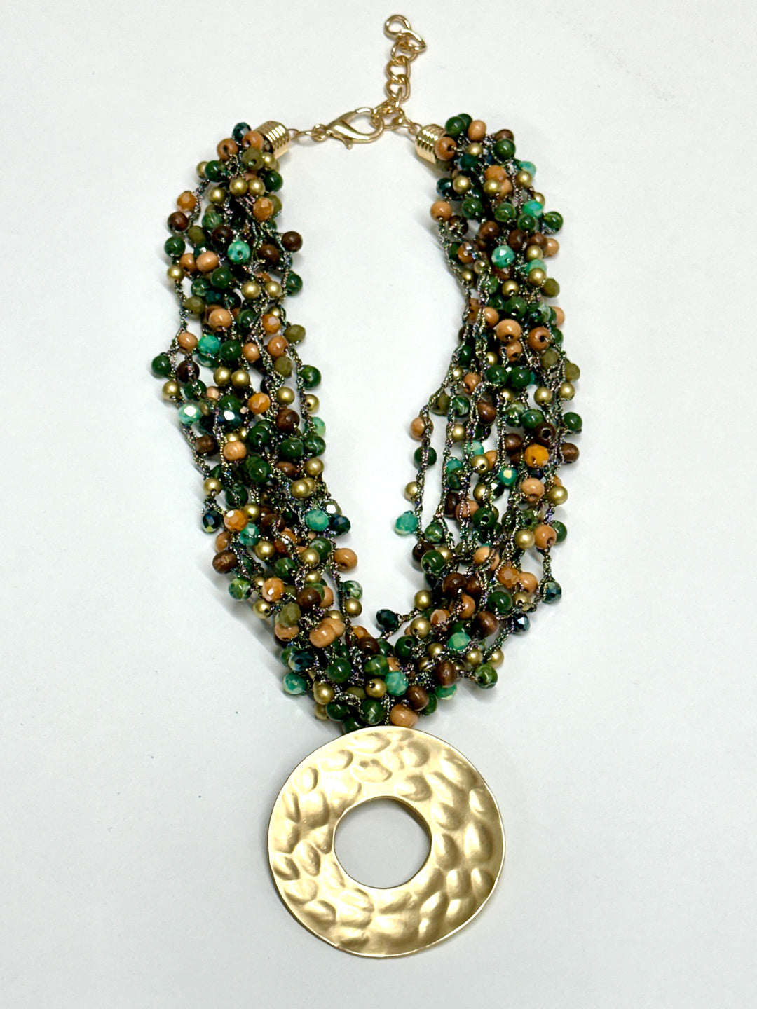 Gold Ring Feature Multi Bead Necklace | Forest Green & Gold