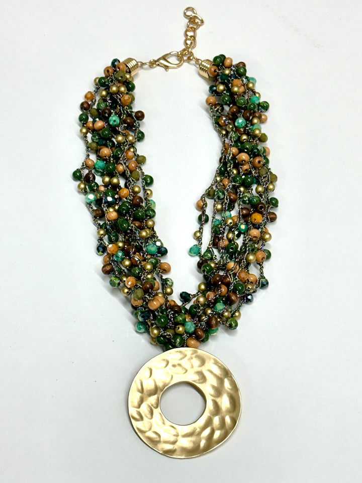Gold Ring Feature Multi Bead Necklace | Forest Green & Gold