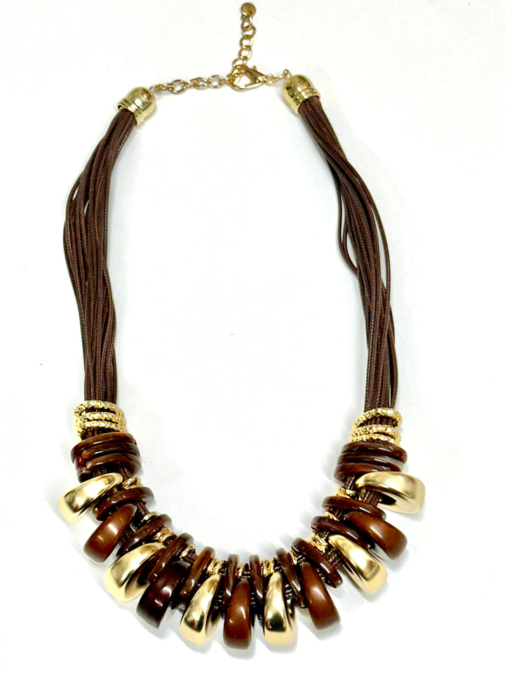 Layered Chunky Rings Necklace | Brown & Gold