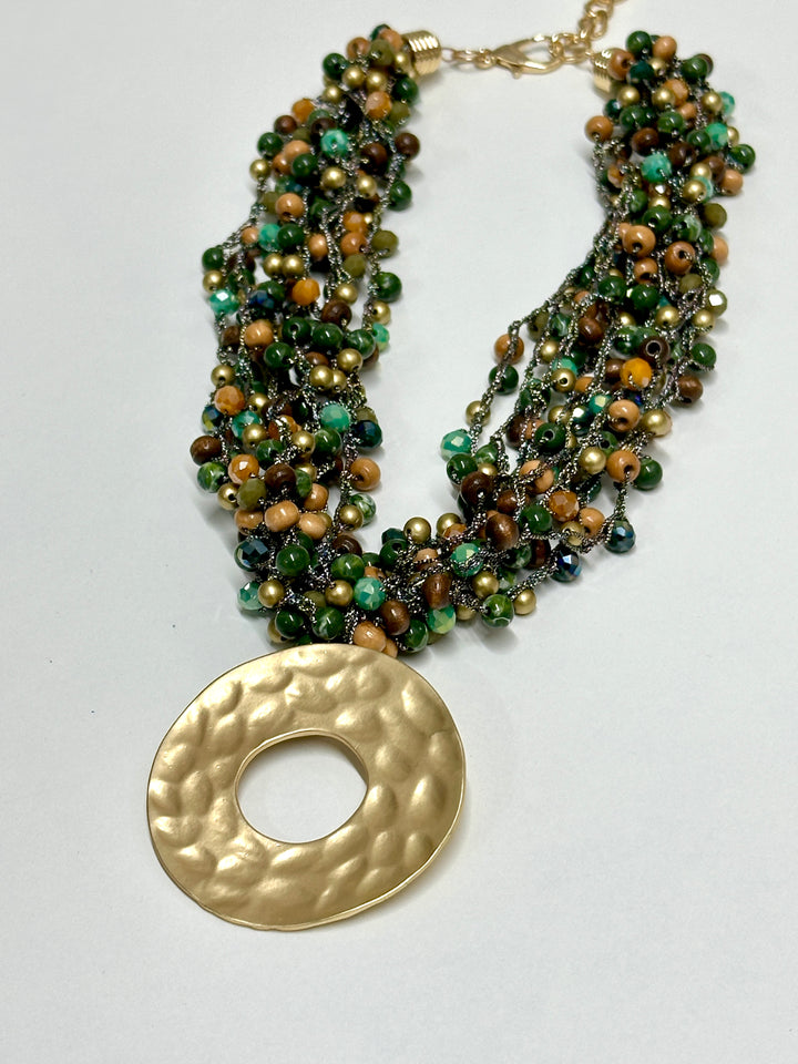 Gold Ring Feature Multi Bead Necklace | Forest Green & Gold