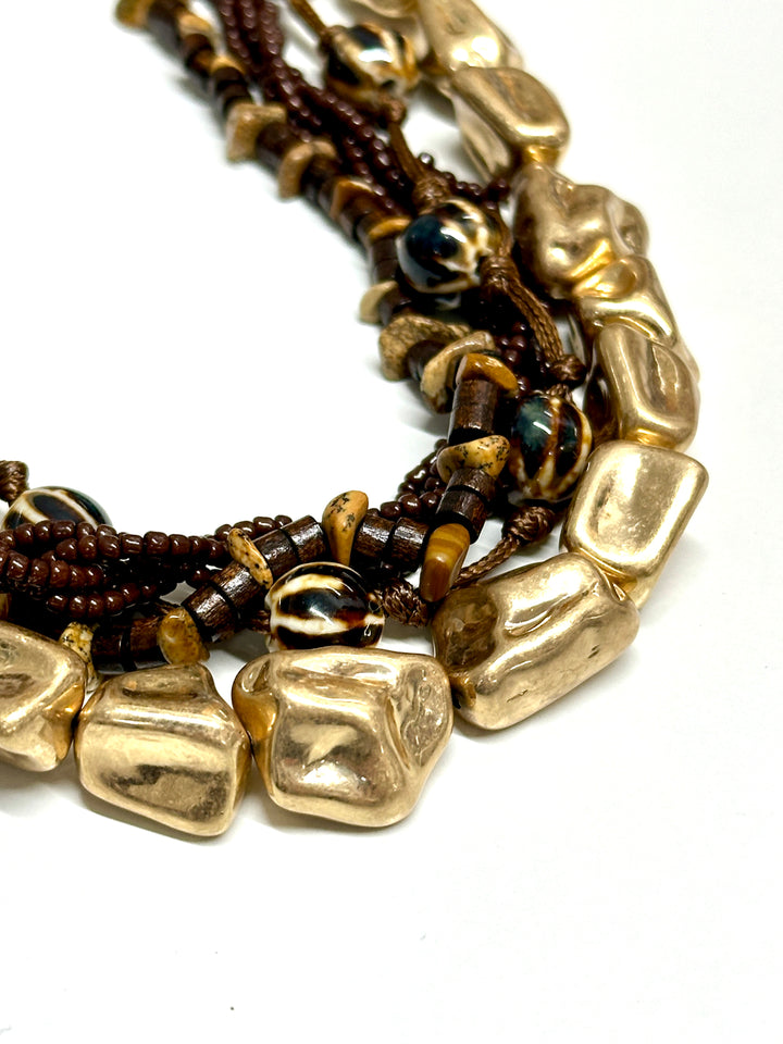 Boho Multi Strand Beaded Necklace | Brown & Gold