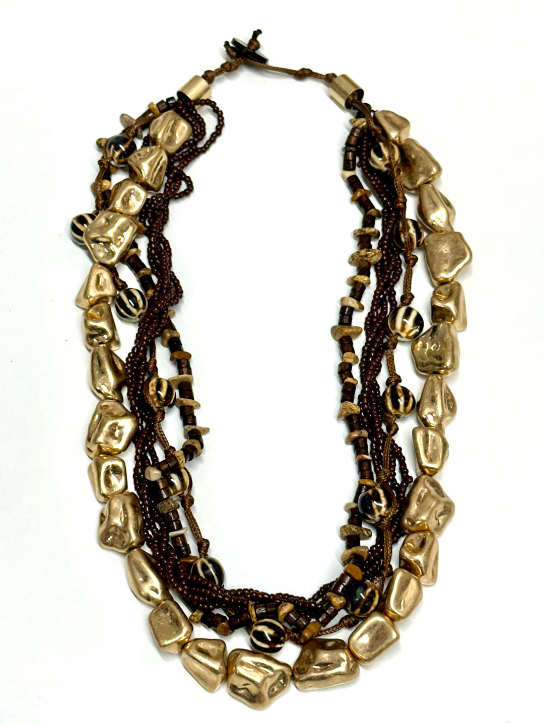 Boho Multi Strand Beaded Necklace | Brown & Gold