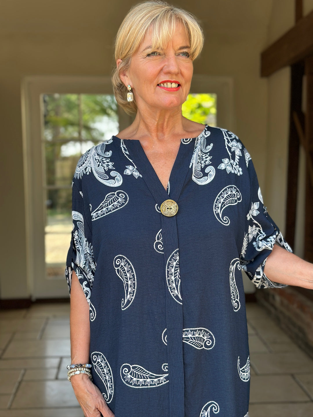 Paisley Print Button Collar Tunic Dress | Navy