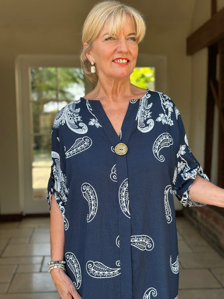 Paisley Print Button Collar Tunic Dress | Navy