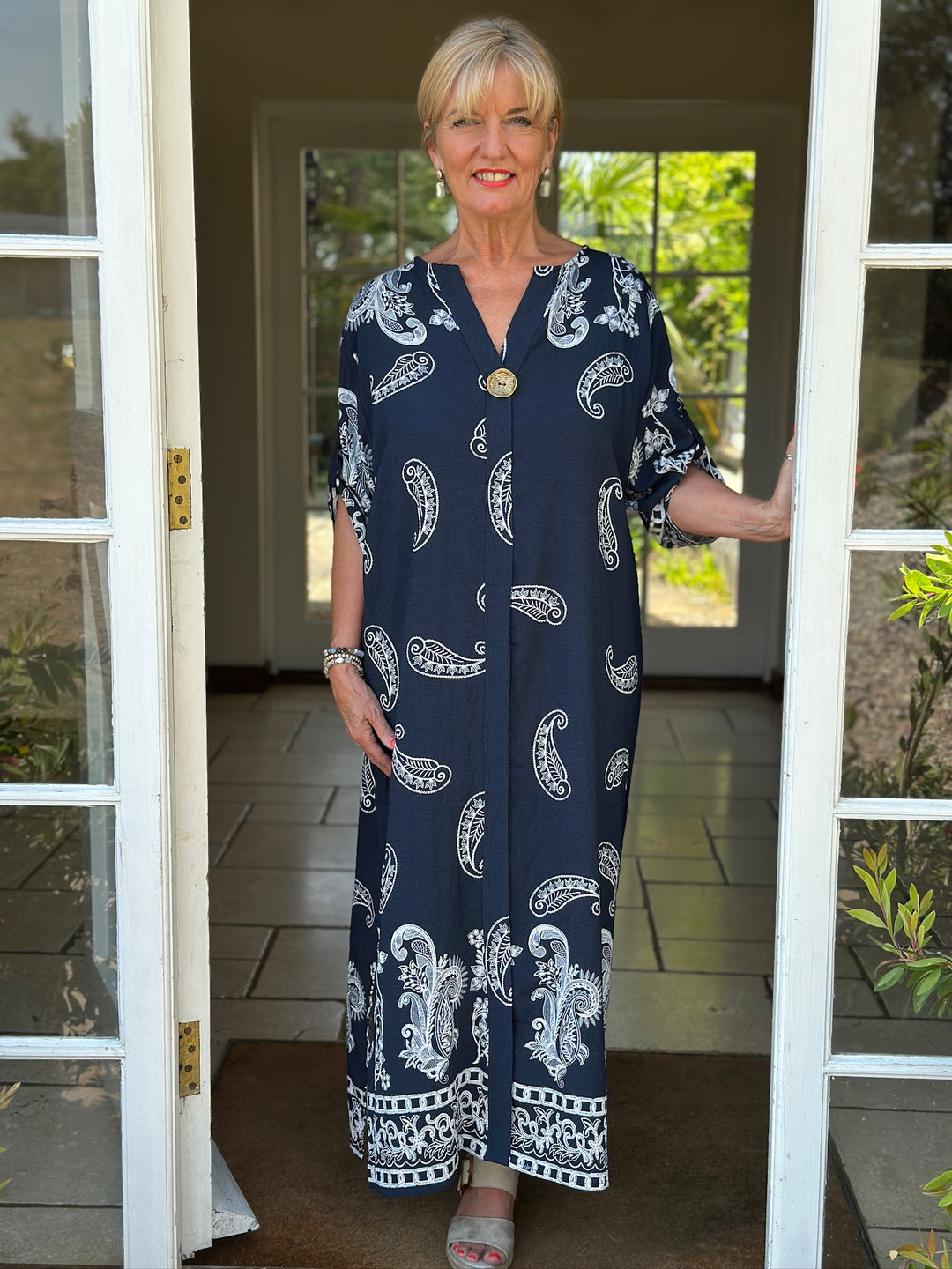 Paisley Print Button Collar Tunic Dress | Navy