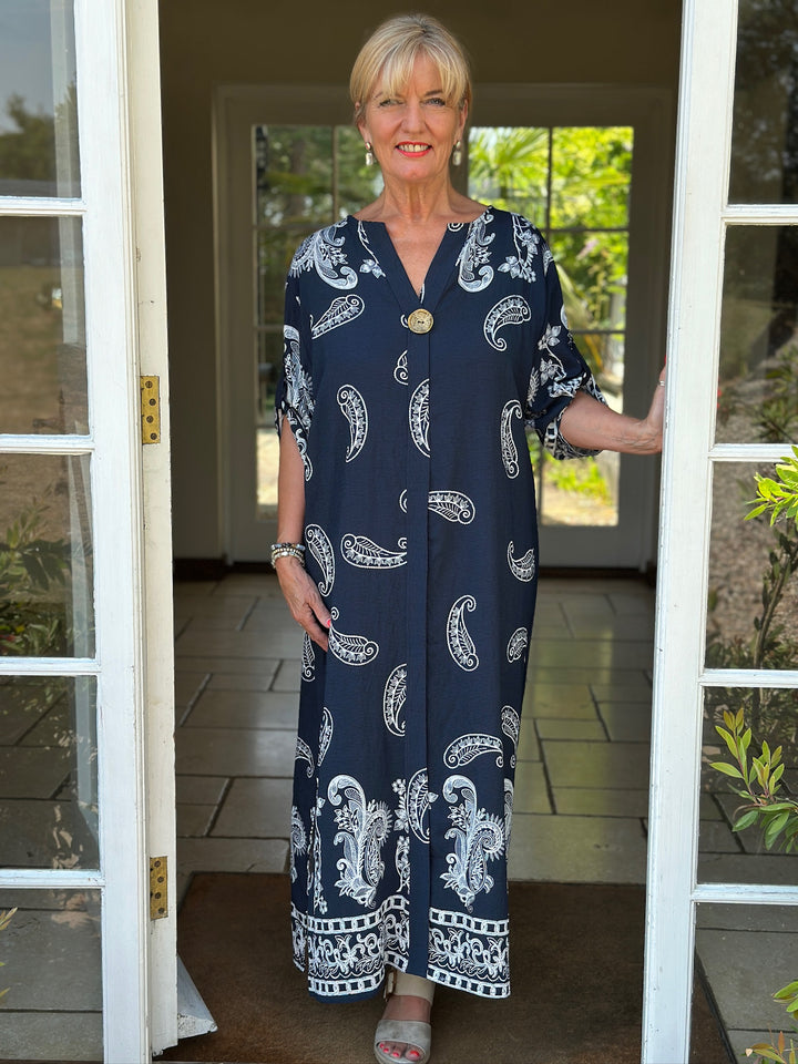 Paisley Print Button Collar Tunic Dress | Navy