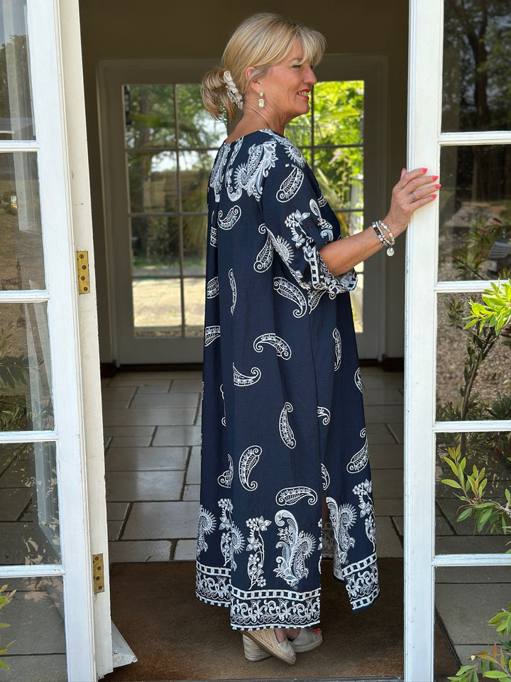 Paisley Print Button Collar Tunic Dress | Navy