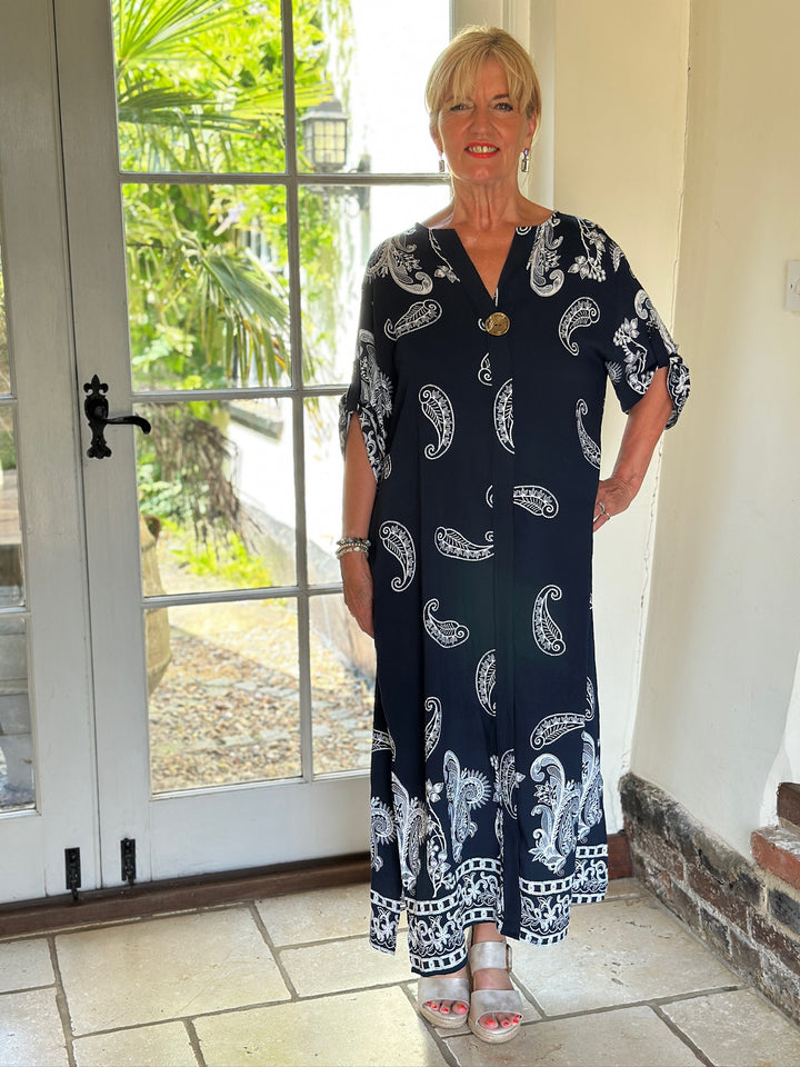 Paisley Print Button Collar Tunic Dress | Navy